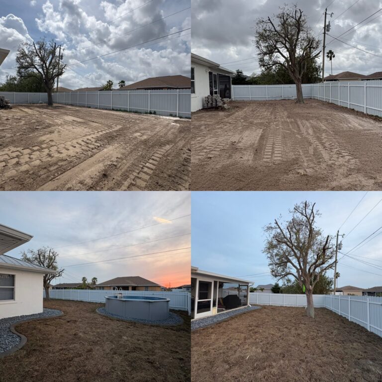 Before-and-after backyard grading and site prep, from bare graded dirt to finished sod and landscaping in Cape Coral, FL