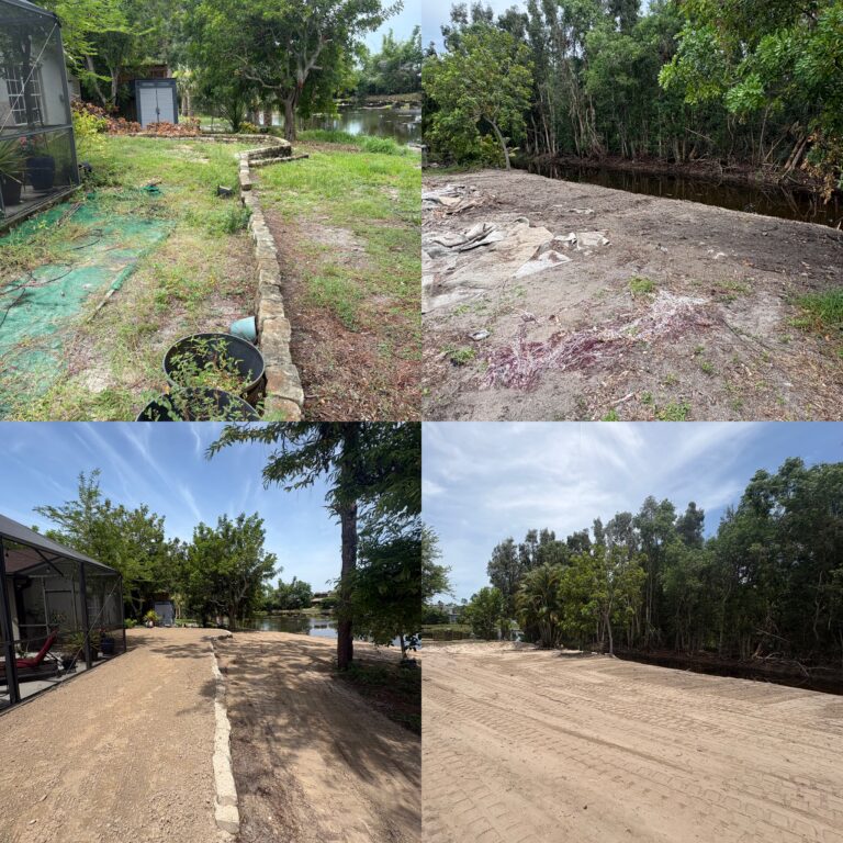 Before-and-after lakefront lot clearing along a canal, from overgrown yard to cleared and graded shoreline in Southwest Florida