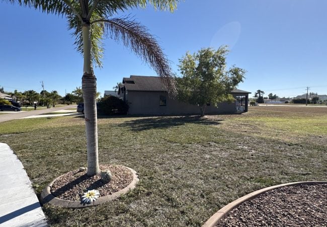 Finished sod lawn with a new royal palm and river-rock landscape beds after site prep and grading in Cape Coral, FL